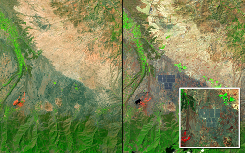 In March 2009, Andasol-1 in southern Spain became the first solar thermal collector station in Europe.: Andasol-2 and Andasol-3 were added in 2009 and 2011. In contrast to photovoltaic systems, these parabolic trough power plants store the sun's energy in a "heat reservoir" of molten salt and generate electricity for up to 200,000 people via thermal turbines. Water from the nearby Sierra Nevada mountain range cools the system. Images taken by the Thematic Mapper onboard Landsat 5 and the Operational Land Imager onboard Landsat 8. Source: U.S. Geological Survey (USGS) Landsat Missions Gallery "Andasol Solar Power Stations," U.S. Department of the Interior / USGS and NASA.